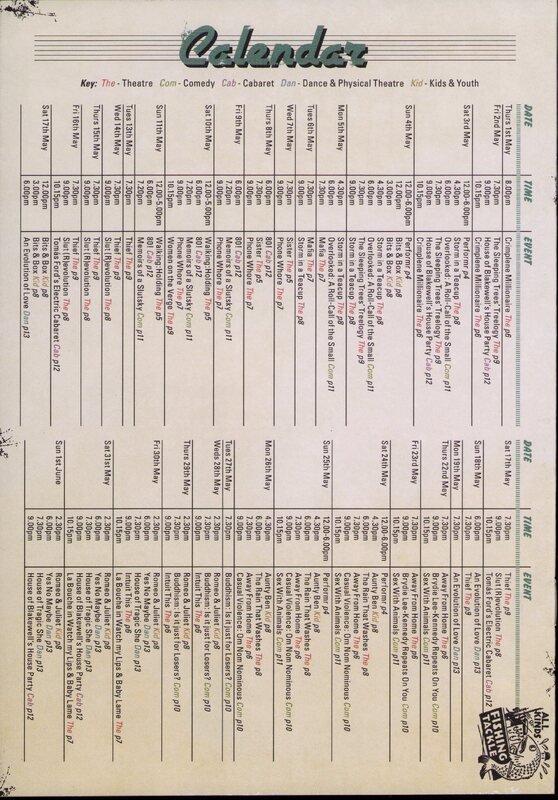 Table of heavy, small print black text showing date and time for each event, under the green title 'Calendar' at the top.