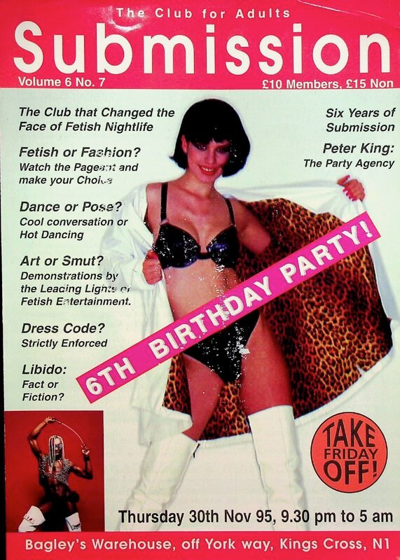 Front page of club newsletter 'Submission'. Included picture of someone posing in lingerie and leather jacket and boots with a 6th birthday party banner across them. 