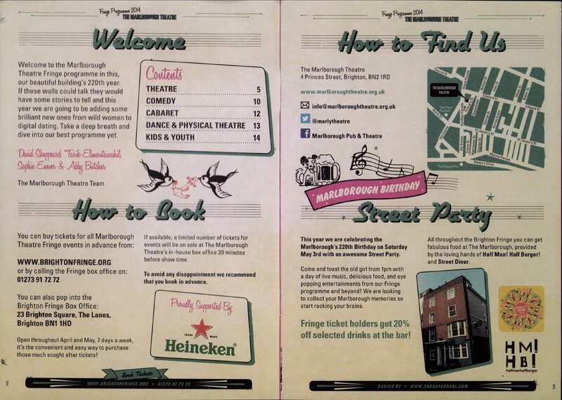 Four sections of information split across two pages of off-white. At bottom right is 'Street Party' in green, under a pink banner reading 'MARLBOROUGH BIRTHDAY'. A photograph shows a four storey red brick building. Black text reads 'This year we are celebrating the Marlborough's 220th Birthday on Saturday May 3rd with an awesome Street Party.'