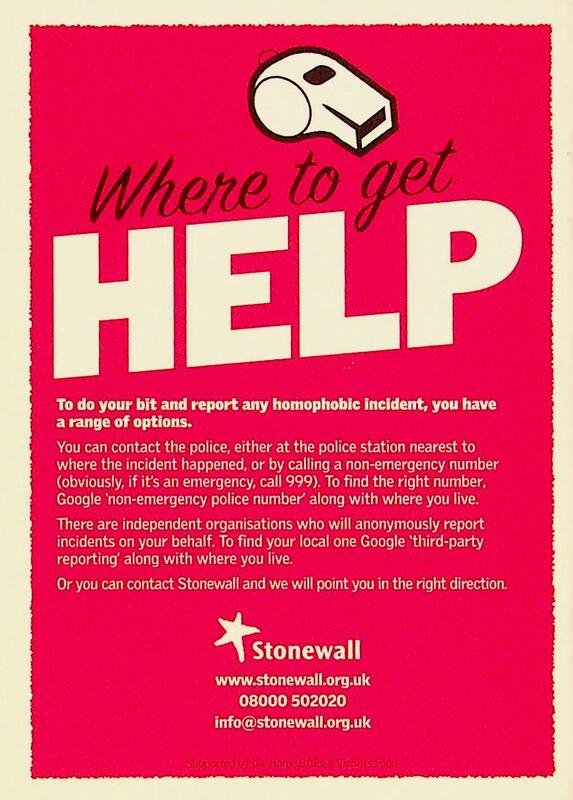 Back cover of booklet contains a graphic of a whistle on a red background. The title reads in large font "Where to get HELP". Underneath includes information about who to contact to report hate crimes, as well as Stonewall's contact information.