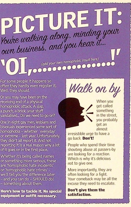 On a purple background title reads "Picture it: You're walking along, minding your own business, and you hear 'OI, (add your own homophobic slur here)!'". Text underneath describes the prevalence of homphobia and hate crimes within the queer community.
