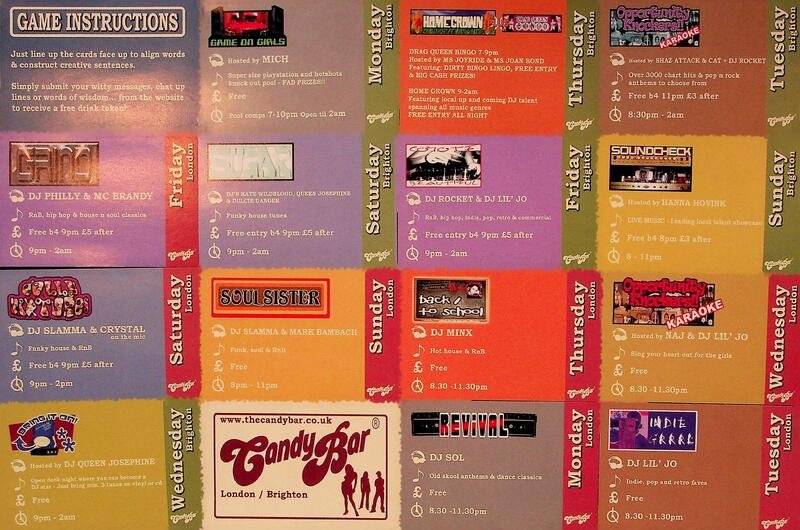16 cards containing information about regular djs and live acts taking place at Candy Bar Brighton and London