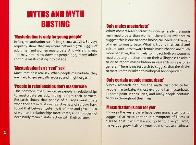 Title reads "Myths and Myth busting" in red font on a white background. Text contains 6 common myths about masturbation and describes how they are misinformed.