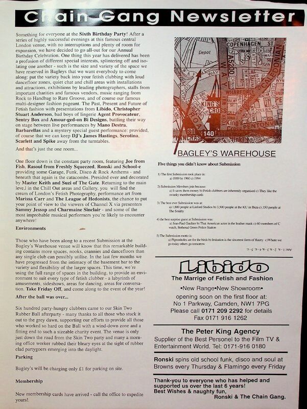 The second page of newsletter contains an overview of the club event and general news relating to Submission. There is a picture of a map detailing how to get to the venue as well as some advertisements.