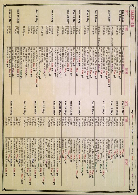 Calendar listing of events from May 5th to May 30th in a table of heavy, small black text. The events include plays, workshops, and other performances with their respective dates, times, and prices.