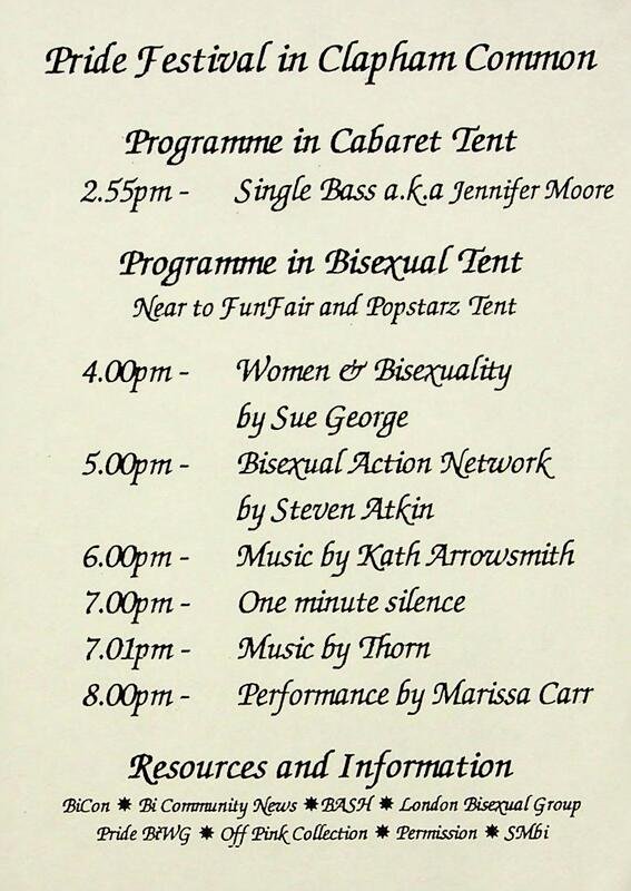 Beige leaflet with black cursive font detailing performers and timings of events at Pride Festival