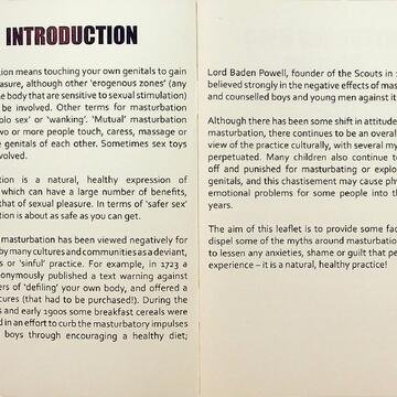 Introduction of the booklet contains black font on white background, describing the history of  the stigmatisation of masturbation and the purpose of the document in combatting this.