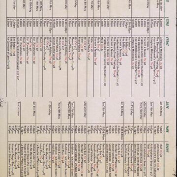 Table of heavy, small print black text showing date and time for each event, under the green title 'Calendar' at the top.