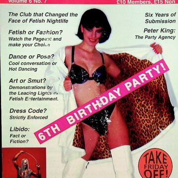 Front page of club newsletter 'Submission'. Included picture of someone posing in lingerie and leather jacket and boots with a 6th birthday party banner across them. 