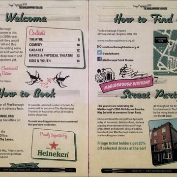 Four sections of information split across two pages of off-white. At bottom right is 'Street Party' in green, under a pink banner reading 'MARLBOROUGH BIRTHDAY'. A photograph shows a four storey red brick building. Black text reads 'This year we are celebrating the Marlborough's 220th Birthday on Saturday May 3rd with an awesome Street Party.'
