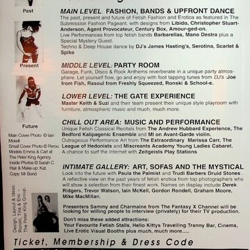 First page of newsletter includes details of activities happening in each area of the event, as well as ticket, membership and dress code information,