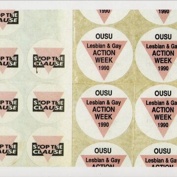 Postcard showing strips of round white stickers. One sticker design shows a pink triangle on white with black text reading 'OUSU Lesbian & Gay ACTION WEEK 1990'. Another sticker design shows a pink triangle bisecting a black rectangle, on white background, with black and white text reading 'STOP THE CLAUSE'.