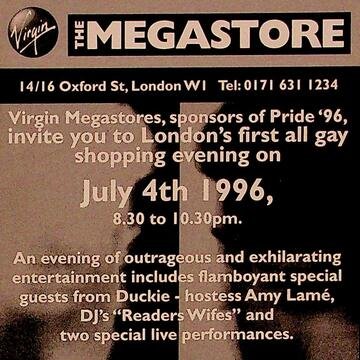 Black background with beige text details the dates, timings, location and events of the Gay Shopper's Evening