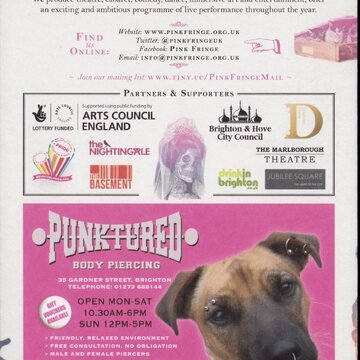 Page with description of Pink Fringe organisation, sponsor logos, and an advert for PUNKTURED featuring a dog on pink background.