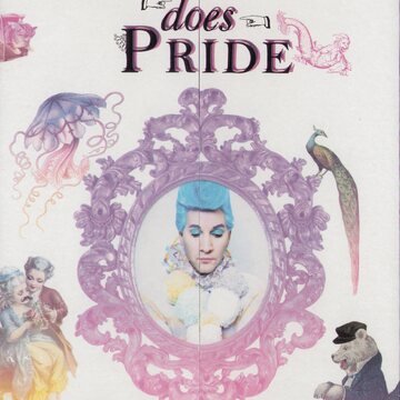 At the top, in large, bold pink lettering are the words "PINK FRINGE". Below, smaller dark text reads "does PRIDE" " with a cartoon hand pointing towards it. 

The central, most prominent element is an ornate, purple-toned frame. Inside of this is a portrait of a person with bright blue hair and matching blue eye makeup, and a collar of large pom poms. The person's gaze is directed downwards.

Surrounding the central frame are whimsical illustrations of a purple and pink jellyfish, two figures in 18th-century attire, a vibrantly coloured peacock stands, and a bear wearing a dark hat, blue jacket, and striped trousers.

At the bottom are two dark purple scrolls framing text which reads "BRIGHTON 2nd - 4th August 2013" in dark lettering.