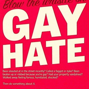 Page 1 of booklet contains a graphic of a whistle on a red background. Underneath the title "Blow the whistle on GAY HATE" in large font is an introduction to the booklet and what it contains.